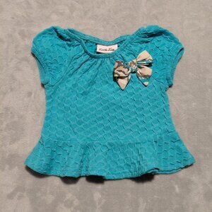 12M Little Lass Short Sleeve Blue Waffle Shirt with Camo Bow and Ruffle Trim